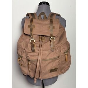 Augur Jans brown canvas backpack W/ leather details Hiking Travel bag 17x12.75"